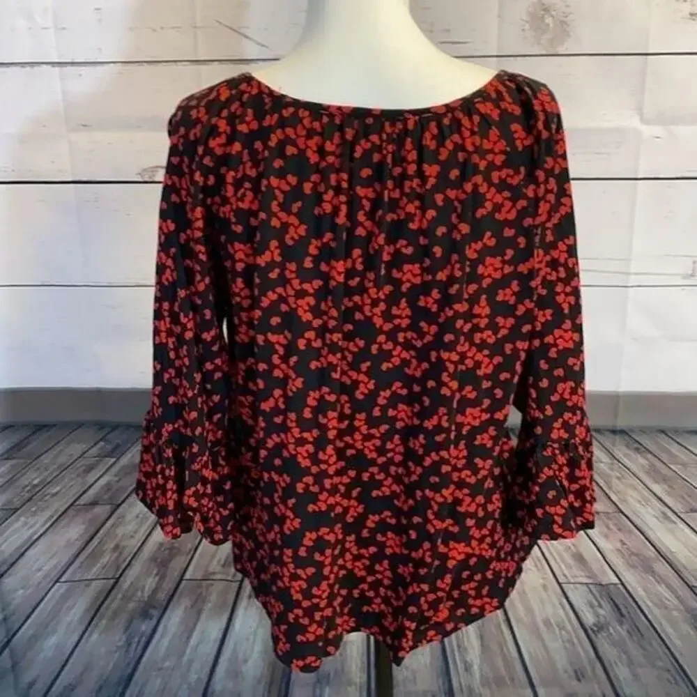 Michael Kors Shirt Womens Large Black Red Hearts Ruffle‎ Sleeve Popover Romantic